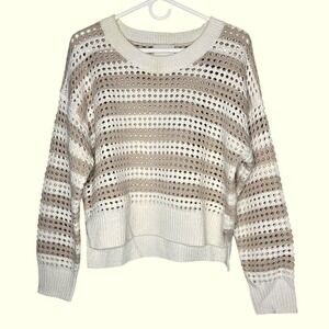 Pink Rose Womens Open Knit Striped Sweater Tan Cream Boho PSR4S26600VM Size M
